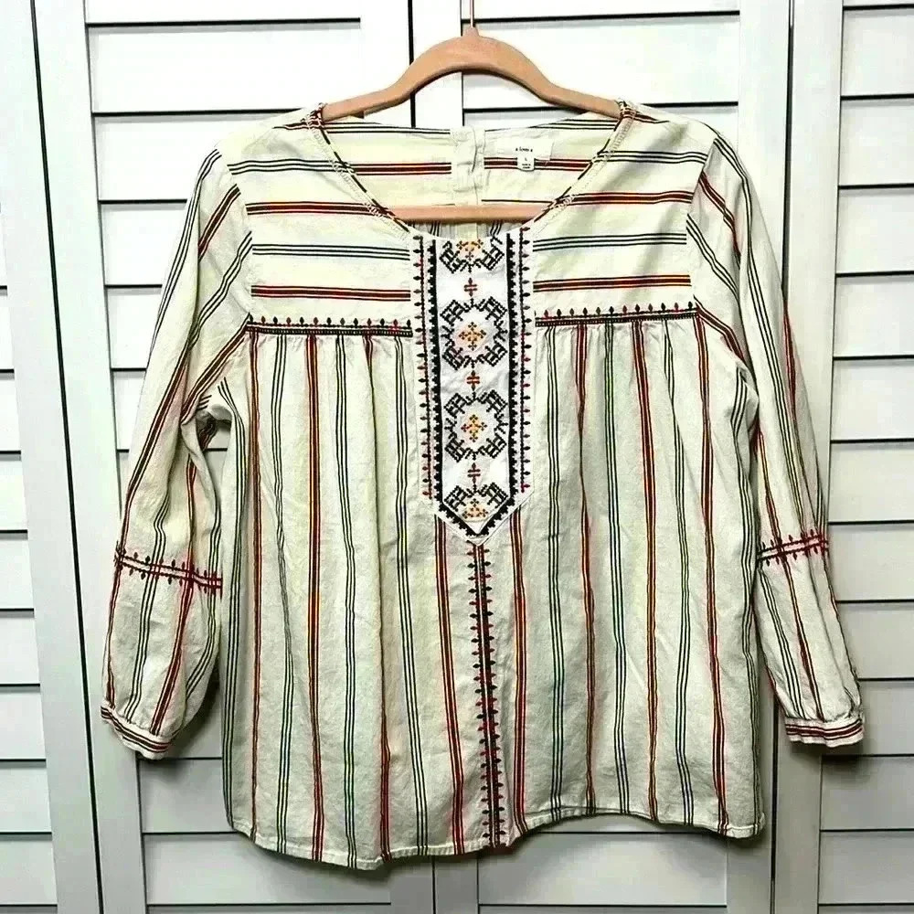 A Loves A Boho 3/4 Sleeve Embroidered Cotton Top Size Large